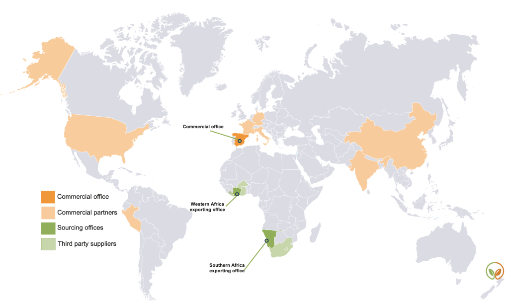 World map showing Ivoire Essentials offices and sourcing hubs.
