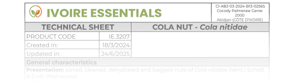 Cola nuts supplier: technical data sheet from Ivoire Essentials