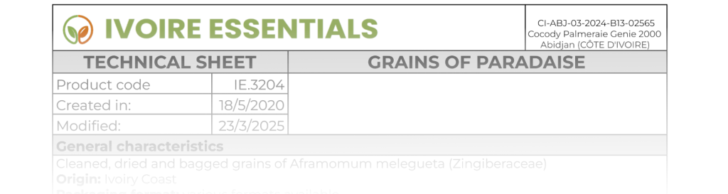 Grains of paradise supplier: Aframomum melegueta technical data sheet