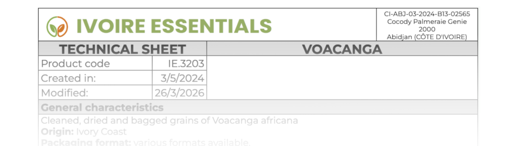 Voacanga africana technical data sheet from Ivoire Essentials