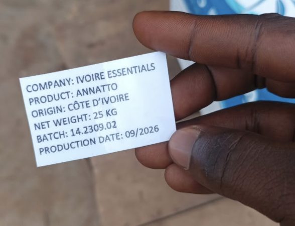 Ivoire Essentials annatto label showing origin Côte d’Ivoire, net weight, batch number and production date