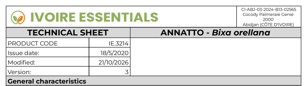 Annatto seeds (Bixa orellana) technical data sheet from Ivoire Essentials