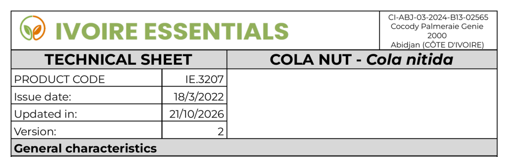 Cola nitida (cola nuts) technical data sheet from Ivoire Essentials
