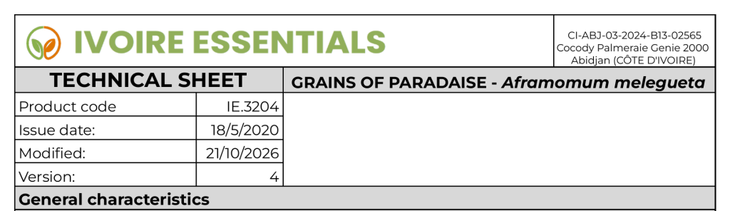 Grains of paradise (Aframomum melegueta) technical data sheet from Ivoire Essentials