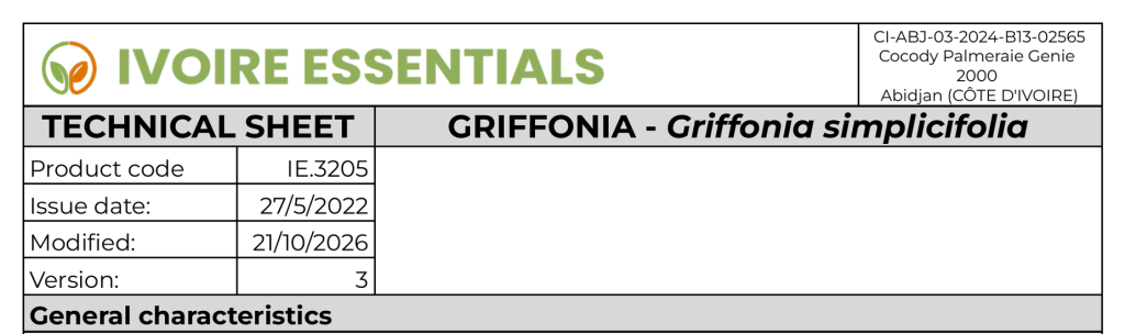 Griffonia simplicifolia technical data sheet from Ivoire Essentials