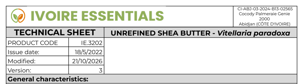 Unrefined shea butter (Vitellaria paradoxa) technical data sheet from Ivoire Essentials