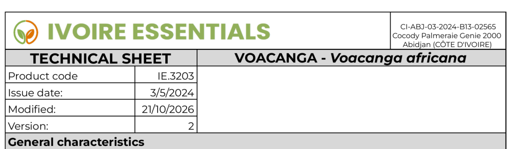 Voacanga africana technical data sheet from Ivoire Essentials